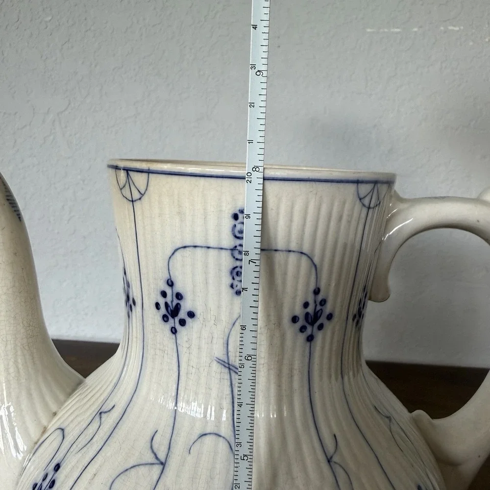 Antique French Sarreguemines Copenhagen Blue Fluted Coffee Pot Teapot 19thC 8